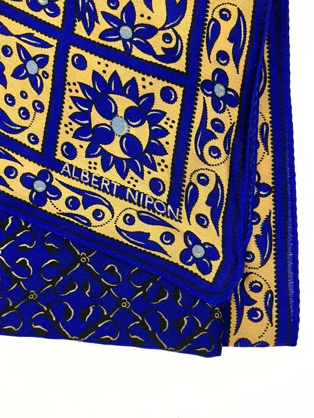Vintage Albert Nipon 100% Silk Scarf Blue Gold Floral Hand Rolled 34x32